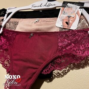 French Affair 3 Pack Lace Thong Panties - Burgundy, Black and Nide - Size Large